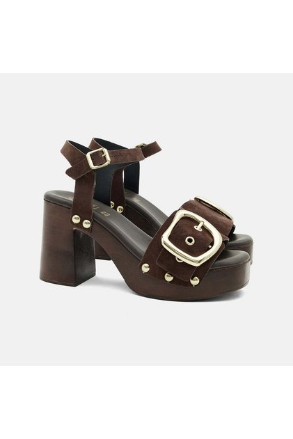 Women's Bitter Brown Metal Buckle Platform Heeled Suede Sandals