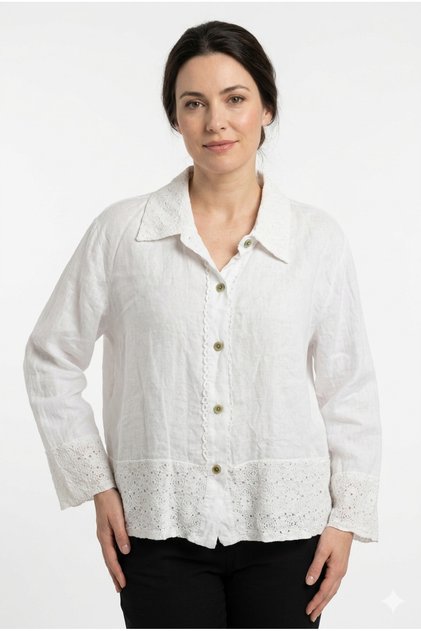 Women's White Italian Lace Detailed Oversize Linen Shirt Size 38 - 44
