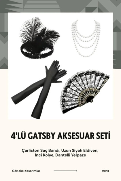 Premium 4'lü Lüks Gatsby Aksesuar Seti: Saç Bandı, İnci Kolye, Uzun Eldiven, Dantelli Yelpaze
