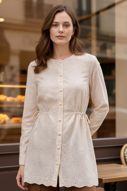 Side Tie Scallop Shirt A7015 Cream