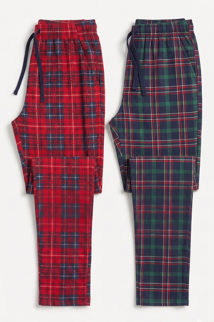 Set of 2 Men's Checkered Pajama Bottoms with Pockets, Comfortable Fit, Drawstring, Soft Relax Fit, Green Red Plaid Bottoms