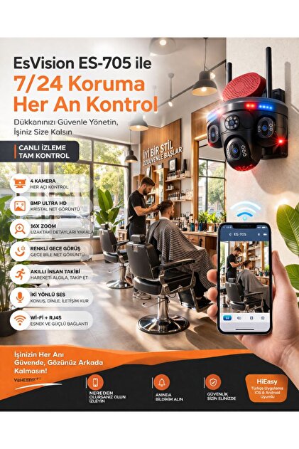 Esvision ES-705 Wifi 4K 4 Lensli Akıllı Güvenlik Kamerası Hieasy
