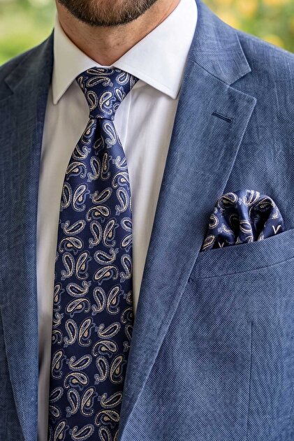 Navy Blue - Beige Shawl Pattern Classic Tie with Handkerchief Kk13559