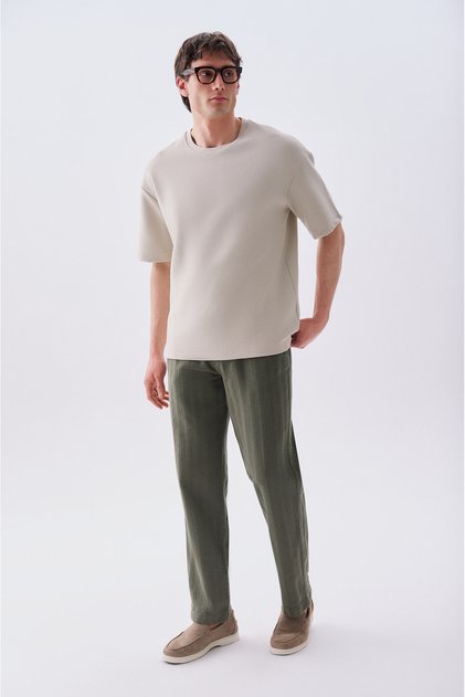 Men's Khaki Textured Comfort Fit Tie-Waist Trousers