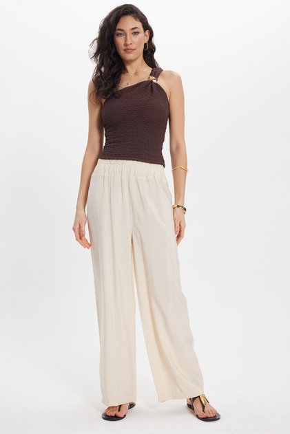 Women's Relax Fit Comfortable Cut Cream Color Trousers with Elastic Waist