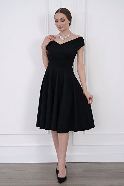 MAG FASHON Plus Size Evening Dress Boat Neck Double-Breasted Off Shoulder  Drapey Fabric Flared Skirt Midi Length Dress- Trendyol