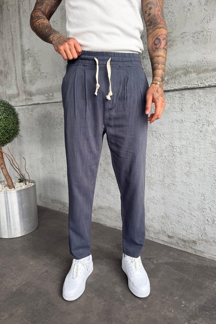 Men's Elastic Waist Boyfriend Fit Pleated Smoked Linen Pants Ke-1600