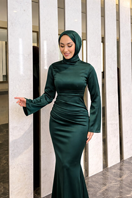 Tarzm Tuba Eftal Zara Satin Fabric Draped Green Hijab Evening Dress-  Trendyol