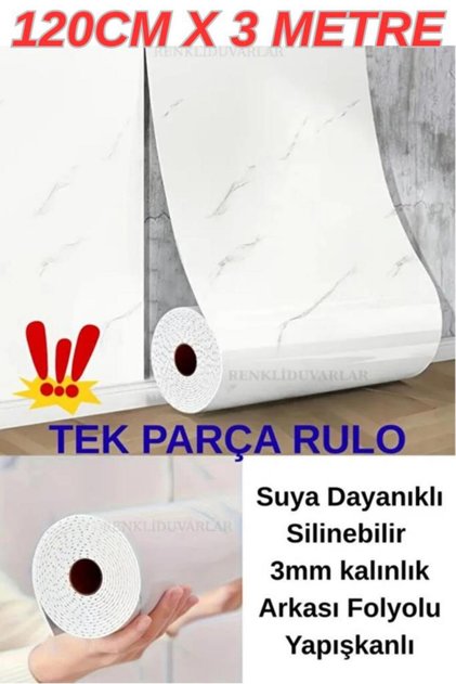 120cmx300cm Rulo Basıc Parlak Beyaz Mermer Desenli Yapışkanlı Duvar Paneli Kağıdı Banyo Wc Kaplama
