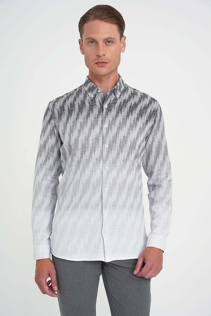 Men's Comfort Fit Panel Pattern Button Collar 100% Linen Gray Shirt g 1594