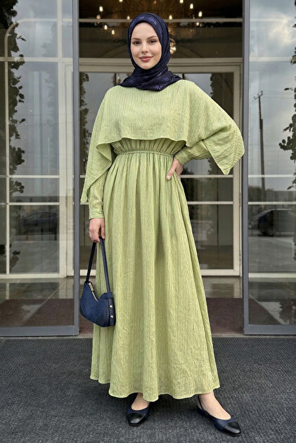 Shawl Collar Gathered Waist Pistachio Green Dress