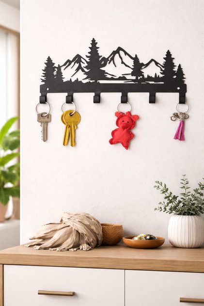 Metal Black Forest Mountain Themed Decorative Hanging Rack with Text, Metal Key Holder Door Entryway Hanger | | Key Hanger Wall Key Holder Rack Key Organizer Entrance Hall Decoration Key Collector