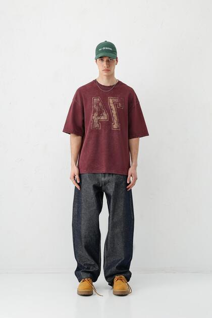 Yıkamalı Baskılı Oversize Tişört Bordo