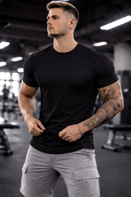 Erkek Slimfit Oval Kesim T-shirt Siyah
