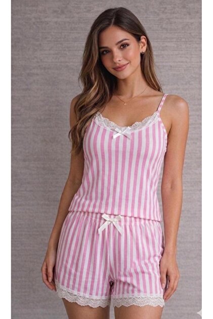 Pink striped shorts suit