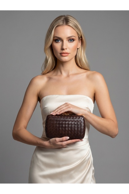 Brown Gold Detailed Hand-Woven Leather Special Series Women's Evening Dress Bag