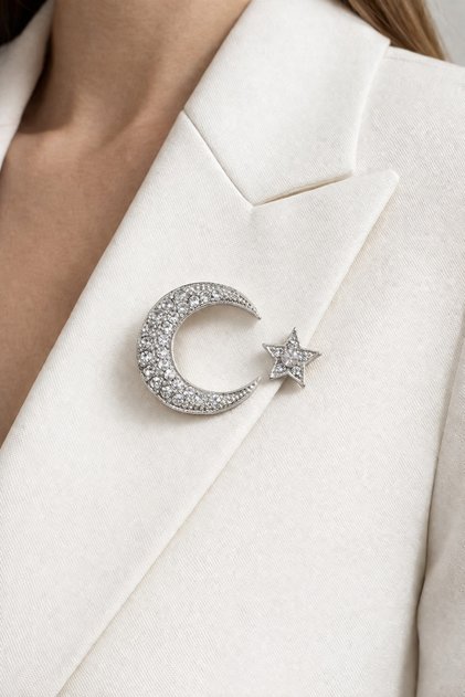 Kadın 2'li Ay Yıldız Türk Taşlı Broş Rozet Set