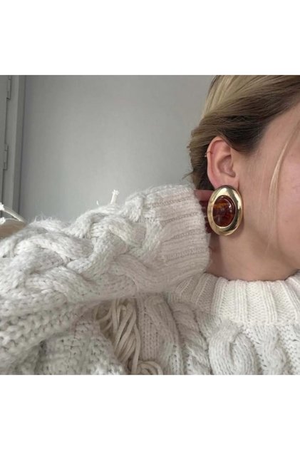 Xuping Large Oval Statement Earrings - Vip Gold-Edged Amber Effect Resin Stone Vintage Earrings