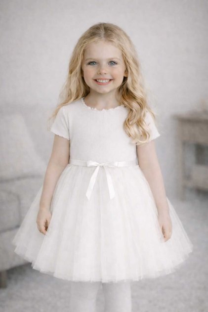 Vera Short Sleeve Girls' Princess Fluffy Tutu Dress Plain Stretchy Lycra White Tutu Dress