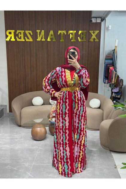Özel taş işleme kırmız şık kadın kaftan