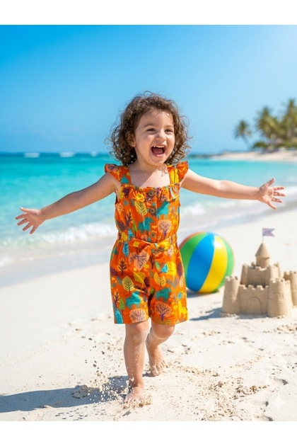 imo Butik Girl's Summer Shorts Jumpsuit Dress (with Shorts) Cheerful  Ruffled Orange Sweat-Repellent Breathable Fabric- Trendyol