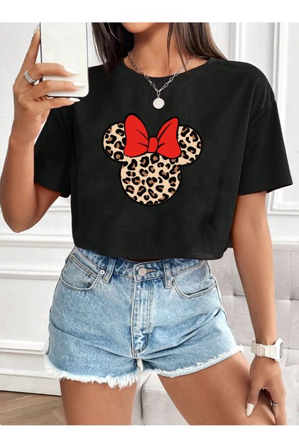 Trend Mix Printed Loose Fit Short Sleeve Crew Neck Crop Tshirt