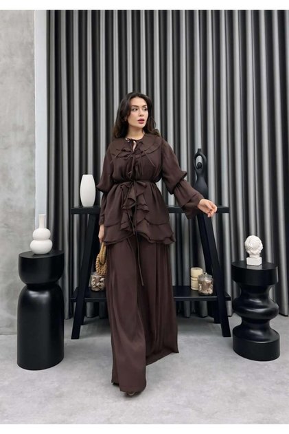 Set casual cu detaliu de legătură din țesătură voal - Căptușit, cu centură în talie, combinație elegantă supradimensionată pentru femei