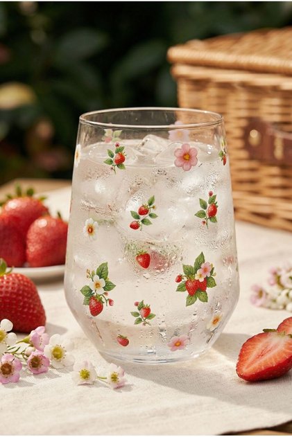 CAGA Pinterest 4'lü Çilek Desenli Cam Su Bardağı Seti 350 ML Dekoratif Hediyelik Yaz Temalı Bardak