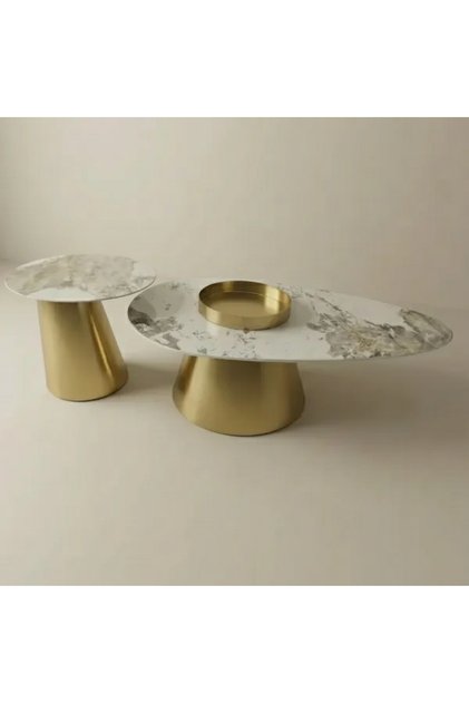 Solina Luxury Coffee Table Set - Oval Marble Top with Gold Stainless Steel Pedestal Base