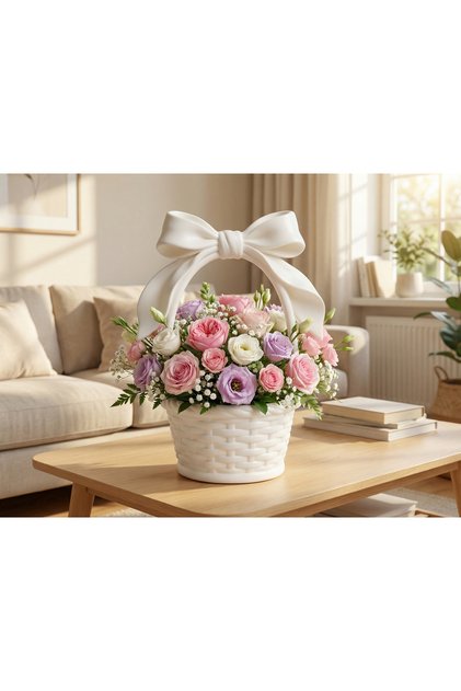 Beyaz Kurdelalı Sepet 9x18 cm Hediyelik Şekerlik - İstenen Renk ve ölçüde yapılabilir.