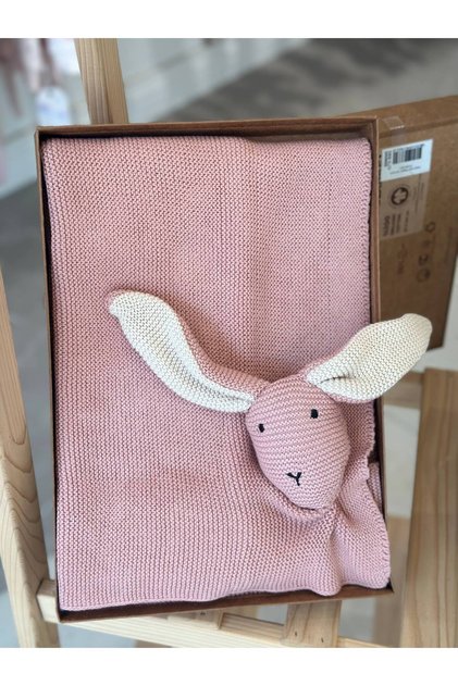 Tavşan Uyku Arkadaşlı 80x100 Triko Bebek Battaniyesi Yumuşak Örgü Set