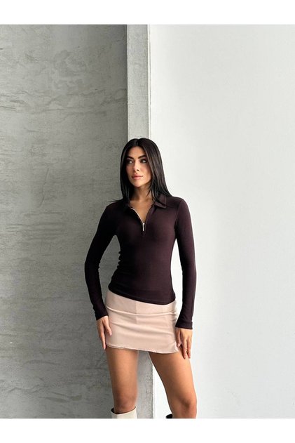 Women's Brown Polo Collar Long Sleeve Slim Buzzy Zipper Detailed Badi Bodysuit