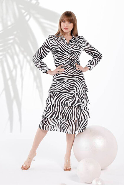 FRIST STYLE Elegant Black and White Striped Layered Long Sleeve Turkish  Dress- Trendyol