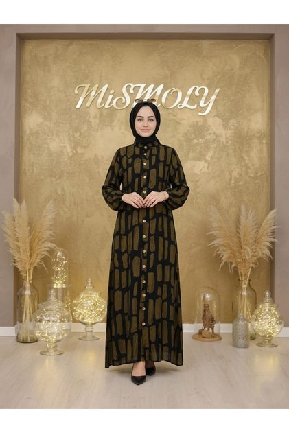 Modern Patterned Buttoned Comfortable Fit Long Hijab Dress