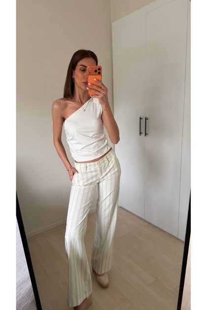 Çizgili Yeşil Beyaz - Slim Düşük Bel Boru Paça Palazzo Pantolon