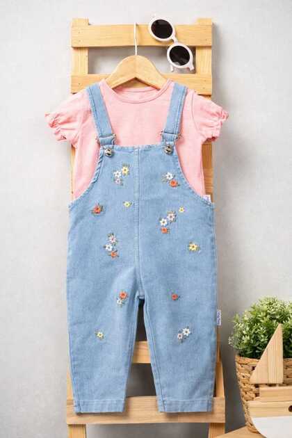 Floral Embroidered Baby Girl Denim Salopet Set – 2-Piece Summer Combination