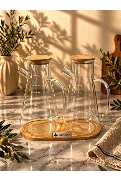 ALVİN HOME KITCHEN Bambu Kapakli Cam Yağdanlık Seti ikili 900ML