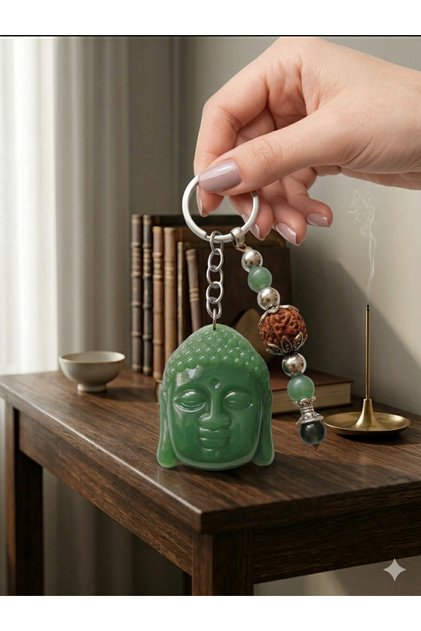 Natural Stone Keychain with Green Buddha and Rudraksha Detail - Spiritual Protection and Abundance Accessory