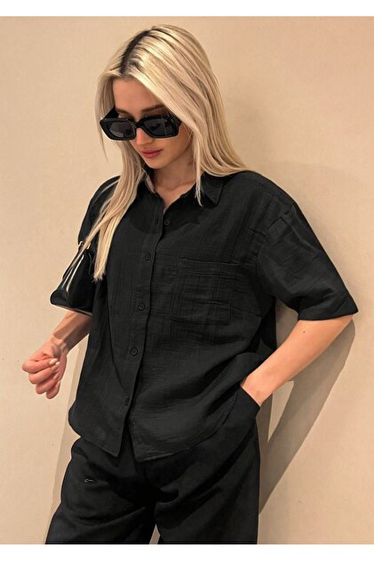 MUZOTEX Muslin Fabric Short Sleeve Basic Women's Shirt- Trendyol