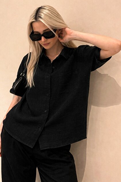 MUZOTEX Muslin Fabric Short Sleeve Basic Women's Shirt- Trendyol
