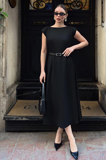 black sweater turtleneck dress Nesta Boat Neck Skater Midi Dress Black – Girl In Mind
