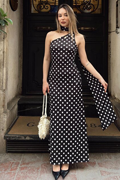 Swist Black Polka Dot One-Shoulder Women's Sandy Midi Dress with Scarf-  Trendyol