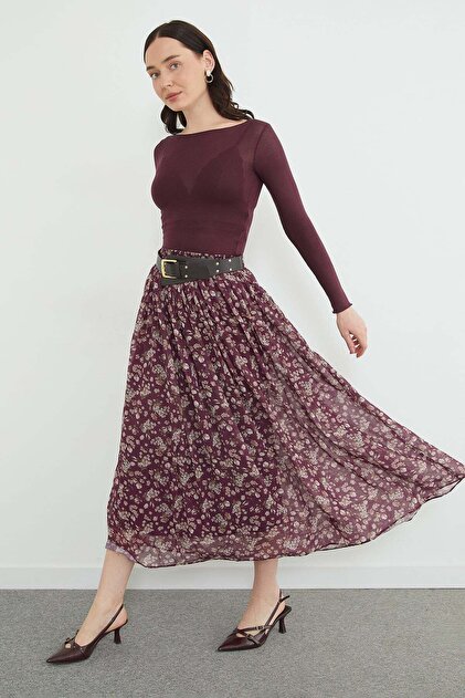 Floral Patterned Maxi Length Chiffon Skirt with Belt