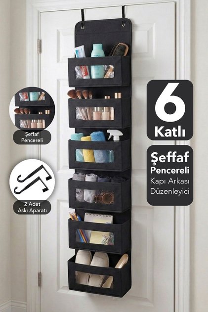 6 Katlı Kapı Arkası Organizer - Çok Amaçlı Mutfak Banyo Dolap İçi Düzenleyici 30x12x128 cm Siyah