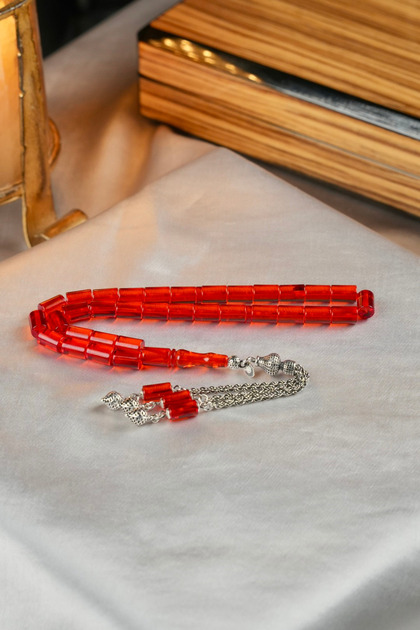 Cut-Out Model Silver Design Red Fire-I Crimped Amber Prayer Beads