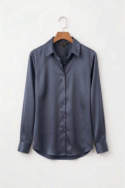 Women's Anthracite Satin Shirt Long Sleeve Stylish Classic Office Daily Shiny Fabric Buttoned Blouse