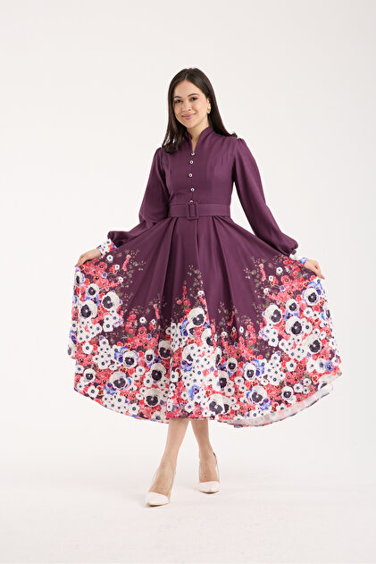 FRIST STYLE Elegant Burgundy Turkish Dress with Rose Embellishments on the  Hem- Trendyol