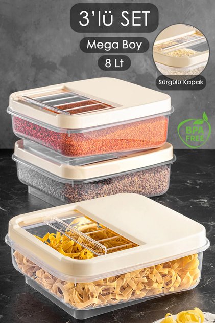 3 Pieces 8 Lt Food Pulses Storage Container with Sliding Lid - Kitchen Organizer Tea Flour Storage Box Cream