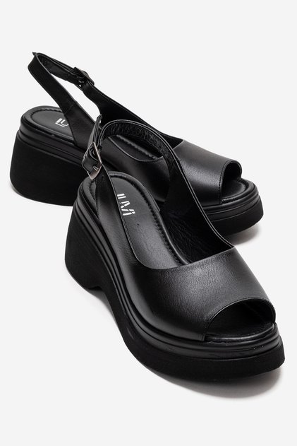 Laure Black Genuine Leather Women's Wedge Sandals