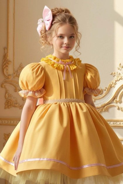 Girl's Clown Collar and Ruffled Waist Pearl Ribbon Detailed Balloon Sleeve Fluffy Yellow Evening Dress